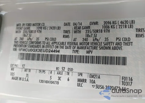 2014 Ford Escape Se from USA, damaged, VIN 1FMCU0GX3EUD24494